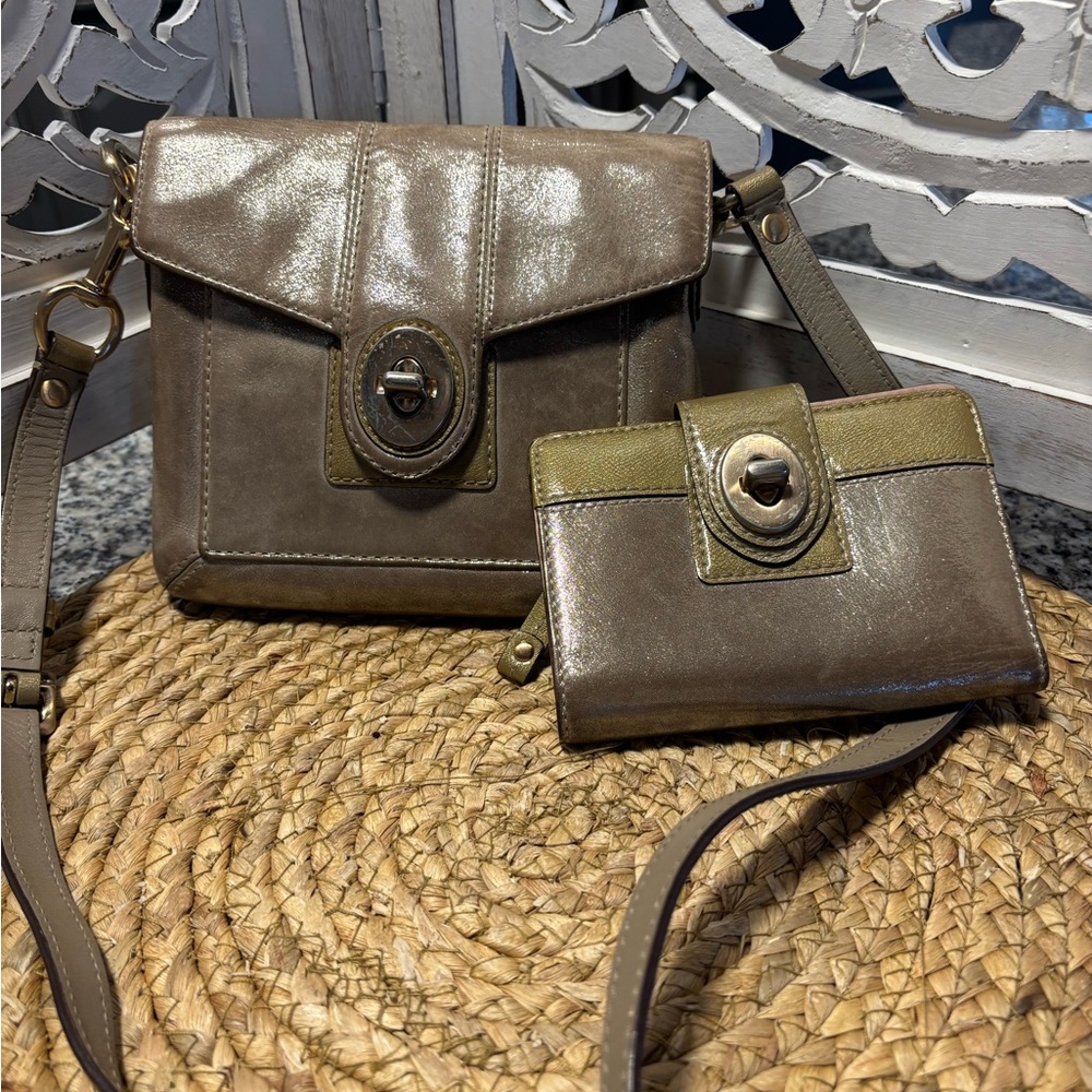 Leather Crossbody Bag and Wallet Set - Taupe Metallic